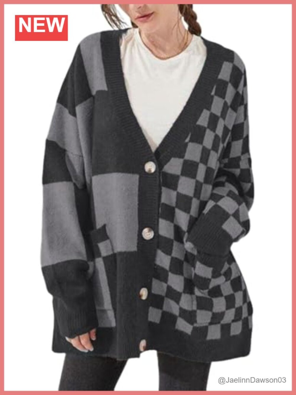 Women Oversized Checkered Cardigan Button Down V Neck Slouchy Knit Sweater